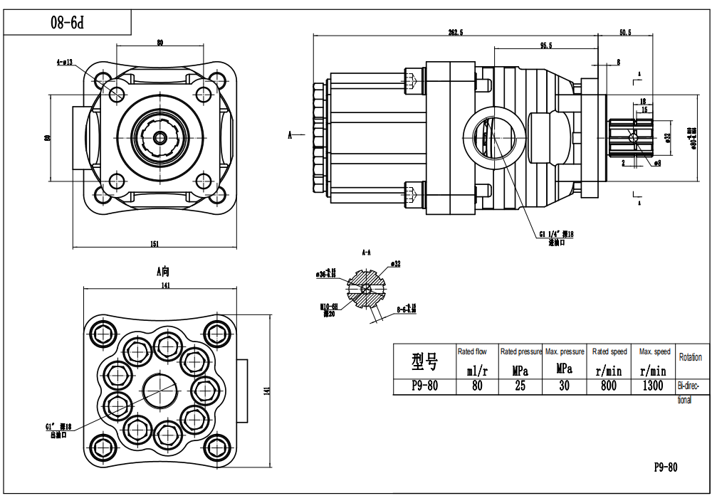 Bomba P9-80 80 cc/rev Bomba de pistón hidráulico drawing image