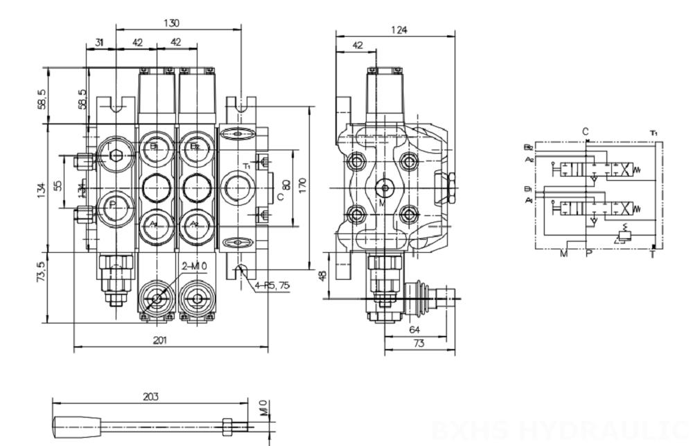 DCV100 Manual 2 carretes Válvula direccional seccional drawing image