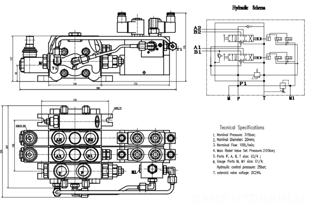 DCV100 Electrohidráulico 2 carretes Válvula direccional seccional drawing image