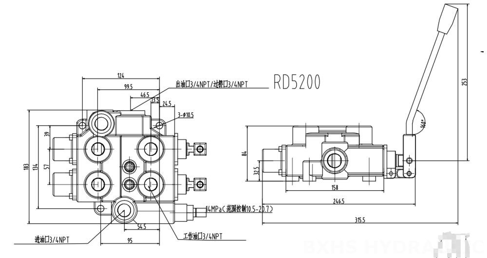 RD5200 Manual 2 carretes Válvula de control hidráulico drawing image