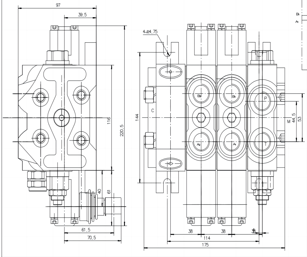 DCV60 Manual 2 carretes Válvula direccional seccional drawing image