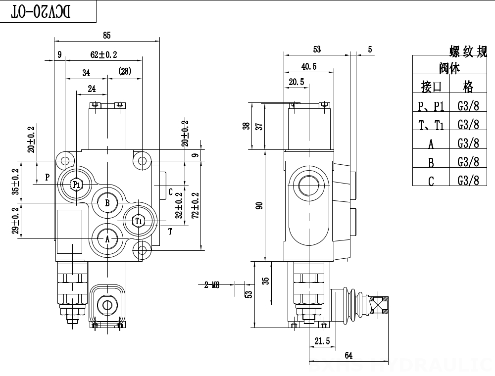 DCV20 Manual 1 carrete Válvula direccional monobloque drawing image