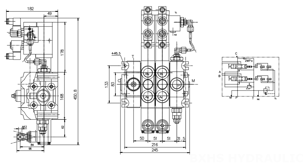 DCV200 Electrohidráulico 2 carretes Válvula direccional seccional drawing image