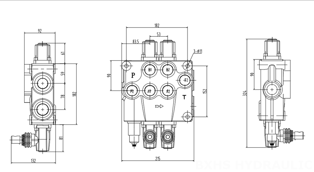 P120 Manual 2 carretes Válvula direccional monobloque drawing image