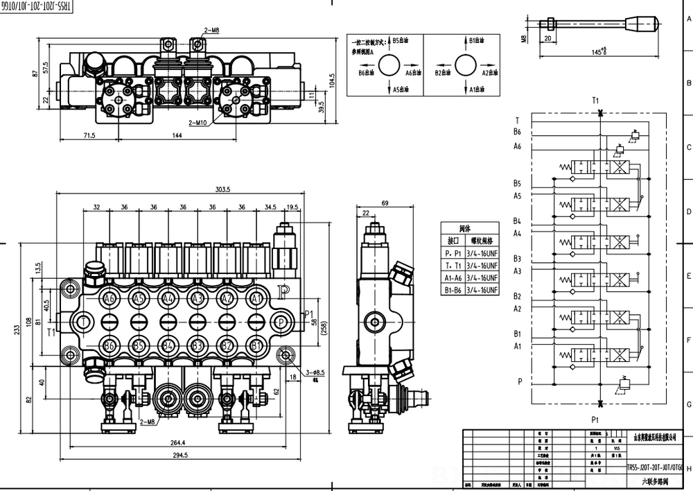 TR55 Manual y joystick 6 carretes Válvula direccional monobloque drawing image