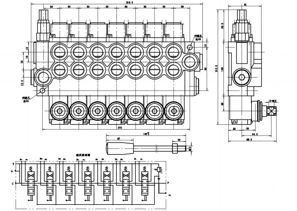 P40-G12-7OT Manual 7 carretes Válvula direccional monobloque drawing image