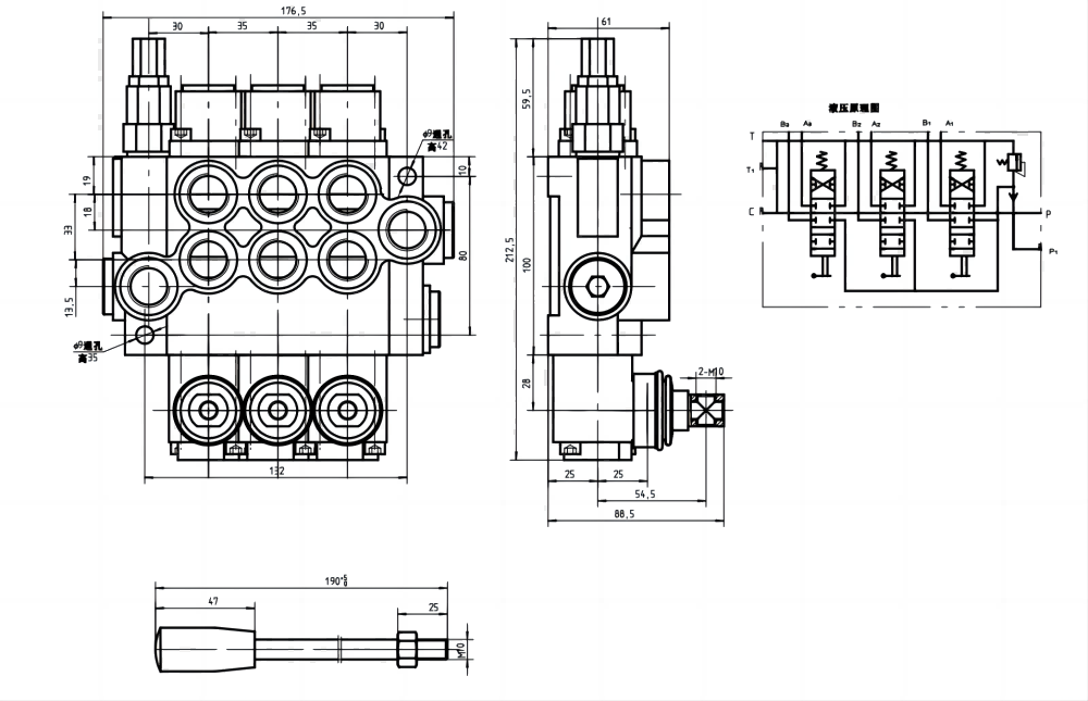 P40-U34-OT Manual 3 carretes Válvula direccional monobloque drawing image