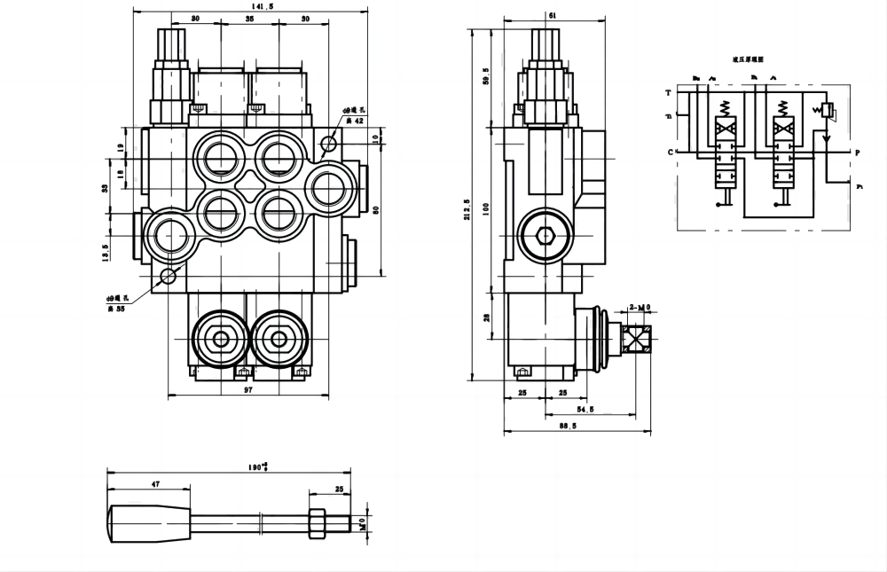 P40-U34-2OT Manual 2 carretes Válvula direccional monobloque drawing image