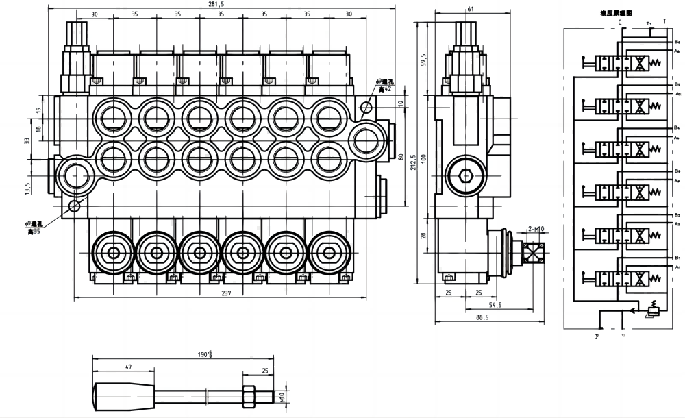 P40-G12-G38 Manual 6 carretes Válvula direccional monobloque drawing image