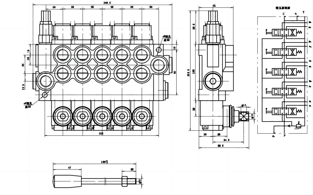 P40-U78 Manual 5 carretes Válvula direccional monobloque drawing image