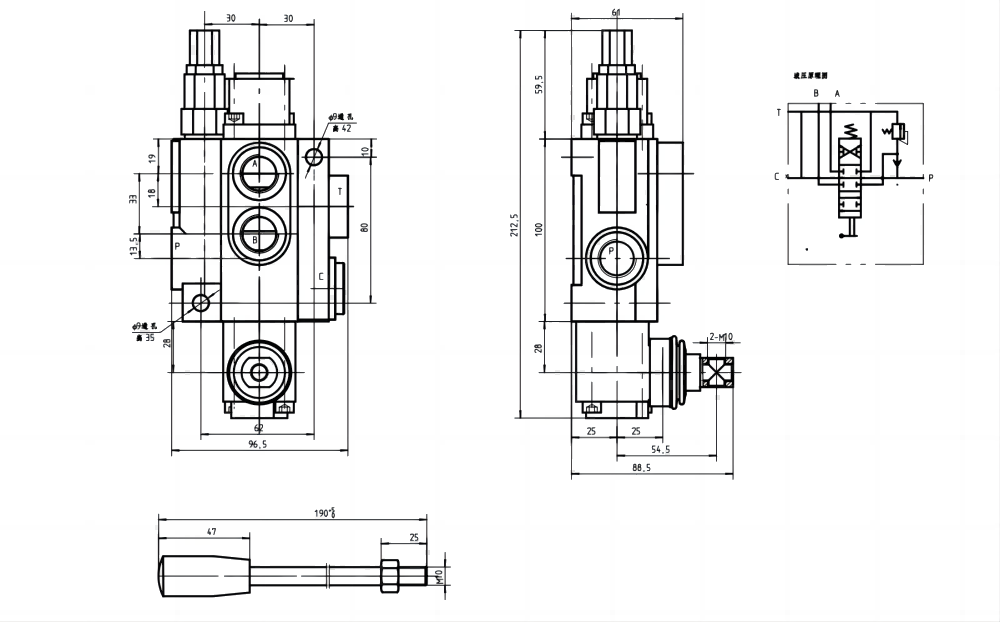 P40-U34 Manual 1 carrete Válvula direccional monobloque drawing image