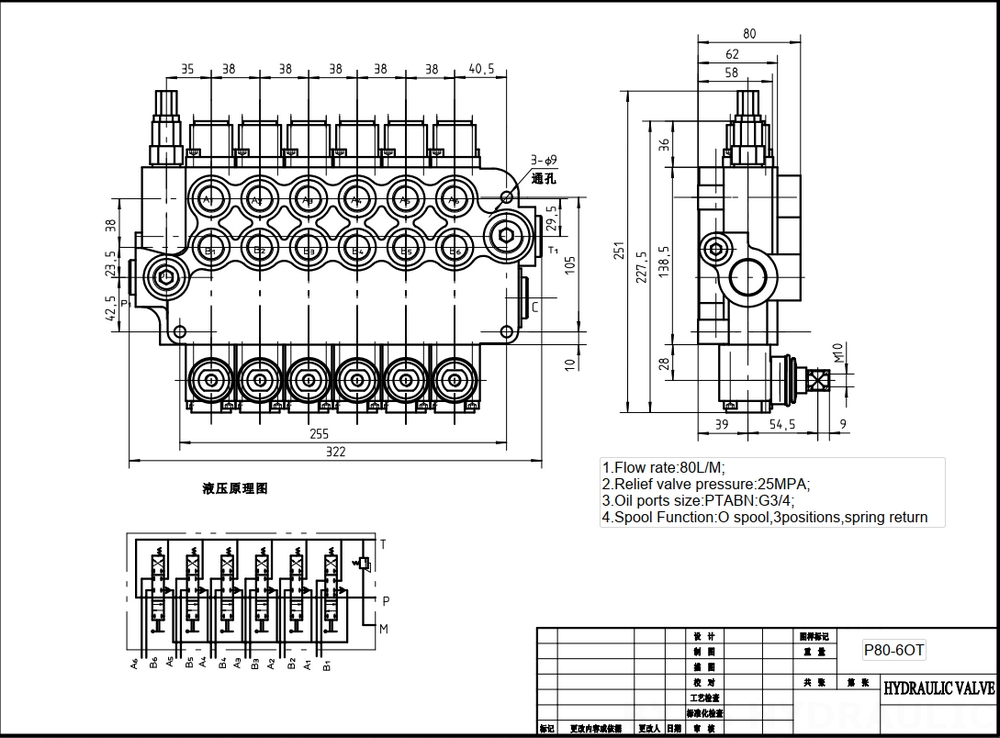 P80-G12-G34-6OT Manual 6 carretes Válvula direccional monobloque drawing image