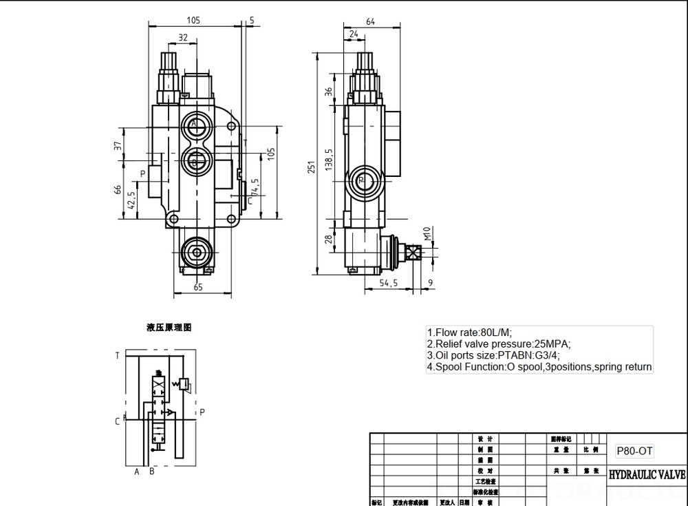 P80-G12-G34 Manual 1 carrete Válvula direccional monobloque drawing image