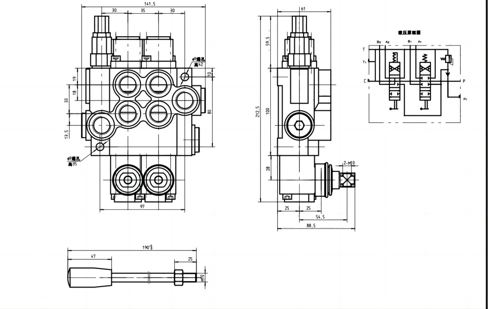 P40-U78-U34-OT-YW Manual 2 carretes Válvula direccional monobloque drawing image