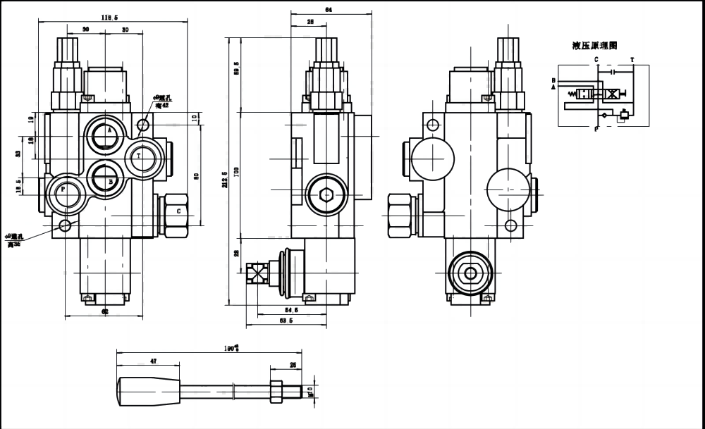 P40J Manual 1 carrete Válvula direccional monobloque drawing image