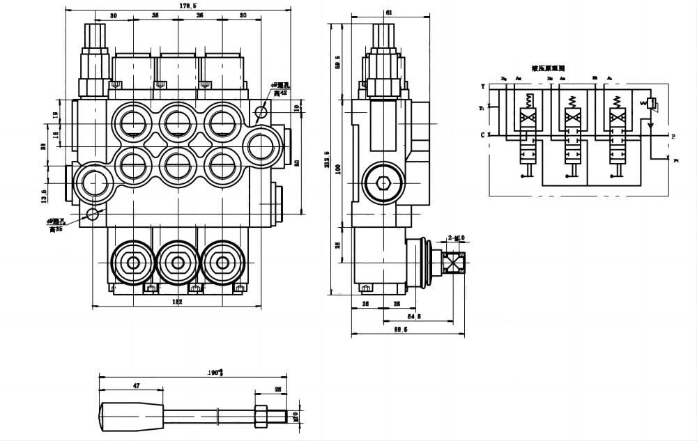 P40-U78-U34-2OT-YW Manual 3 carretes Válvula direccional monobloque drawing image