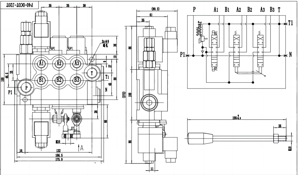 P40 Solenoide y joystick 3 carretes Válvula direccional monobloque drawing image