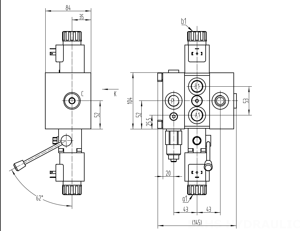 DCV58 Solenoide 1 carrete Válvula direccional seccional drawing image