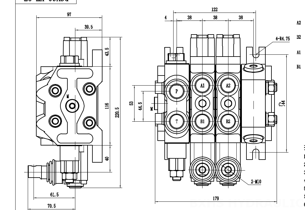 DCV60-Double control Manual 2 carretes Válvula direccional seccional drawing image