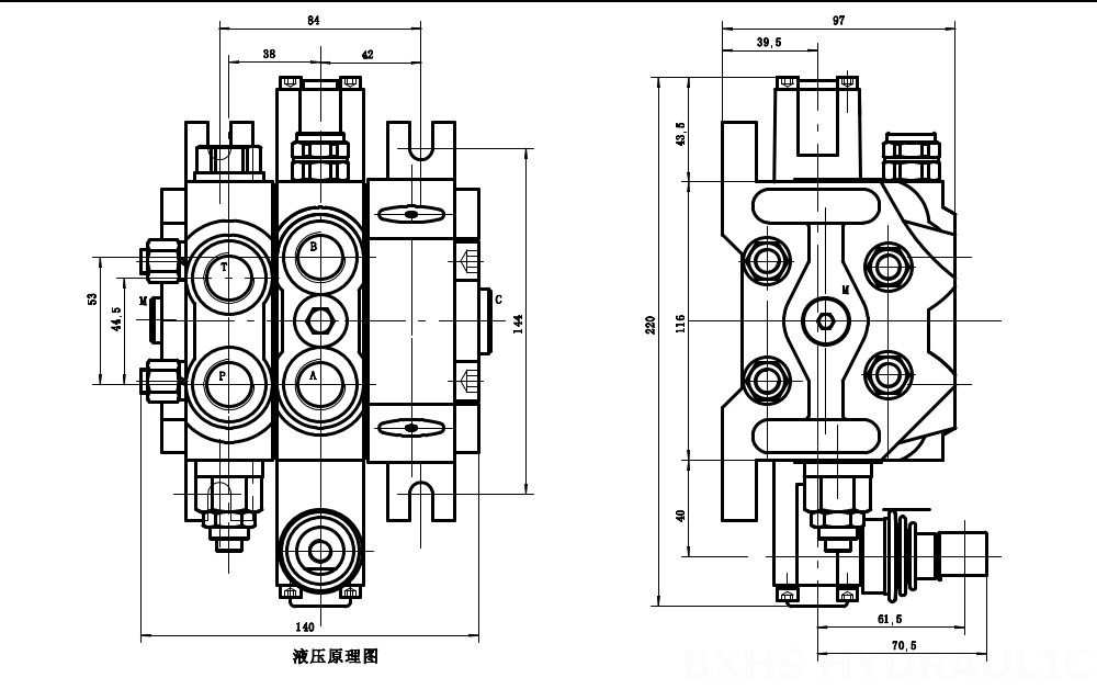 DCV60-G34 Hidráulico 1 carrete Válvula direccional seccional drawing image