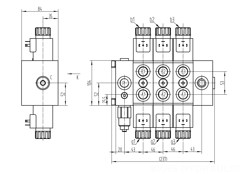 DCV58 Solenoide 3 carretes Válvula direccional seccional drawing image