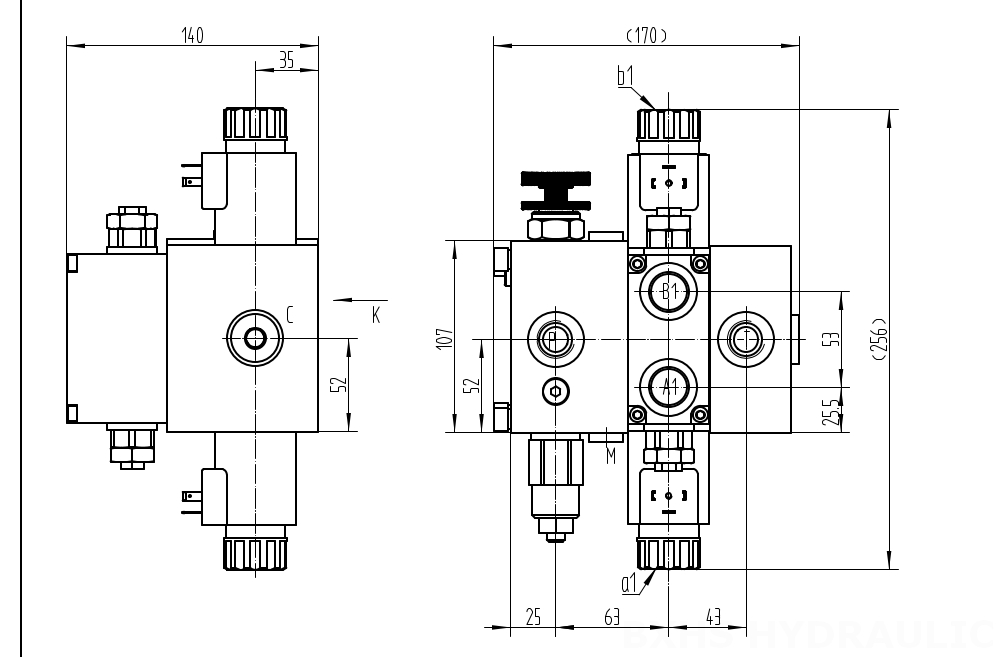 DCV58F Solenoide 1 carrete Válvula direccional seccional drawing image