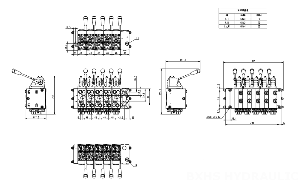 HSDSL Eléctrico proporcional y manual 6 carretes Válvula de control proporcional drawing image