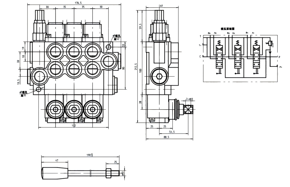 P40-G12 Manual 3 carretes Válvula direccional monobloque drawing image