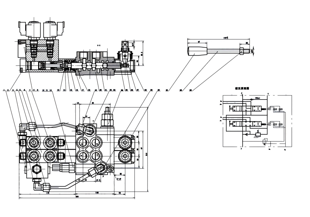 P40 Electrohidráulico 2 carretes Válvula direccional monobloque drawing image