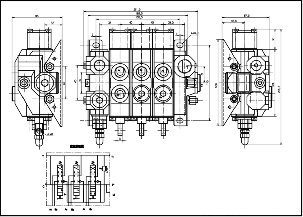 HSDS15 Manual 3 carretes Válvula direccional monobloque drawing image