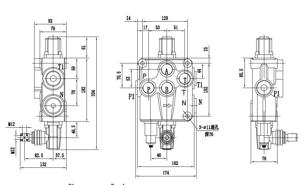 P120-G1-OT Manual 1 carrete Válvula direccional monobloque drawing image