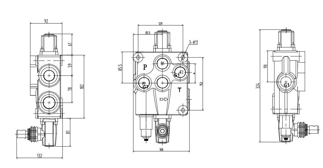 P120-G1 Manual 1 carrete Válvula direccional monobloque drawing image