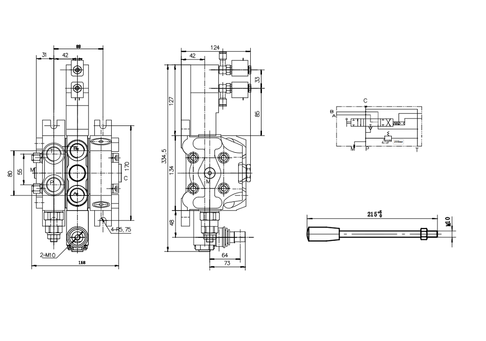 DCV100 Neumático 1 carrete Válvula direccional seccional drawing image