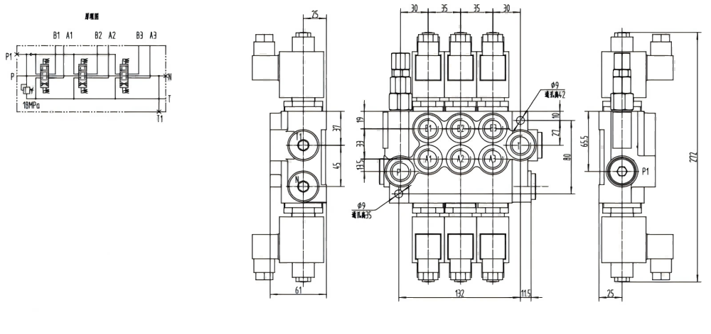 P40-DKL Solenoide 3 carretes Válvula direccional monobloque drawing image