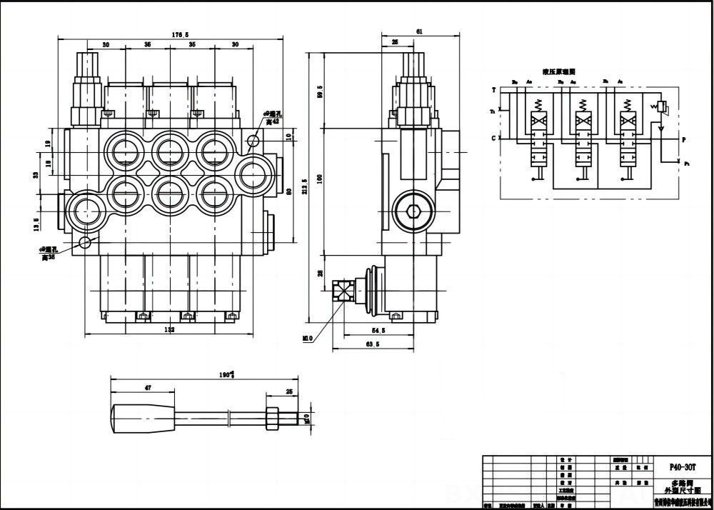 P40-G12-G38 Manual 3 carretes Válvula direccional monobloque drawing image