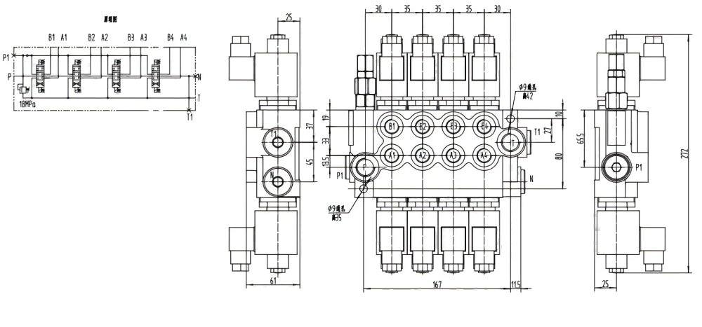 P40-DKL Solenoide 4 carretes Válvula direccional monobloque drawing image