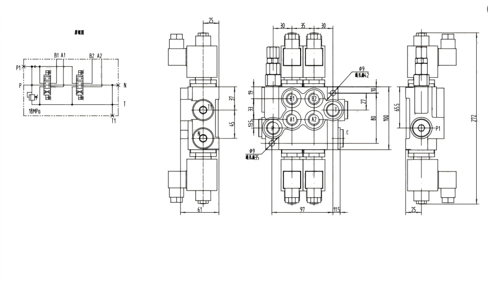 P40-DKL Solenoide 2 carretes Válvula direccional monobloque drawing image