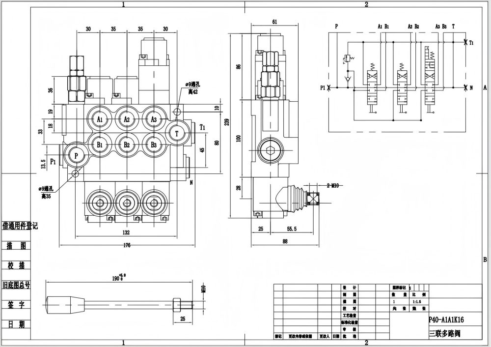 P40-G12-G38-2OT-QTW1 Manual 3 carretes Válvula Direccional Monobloque drawing image