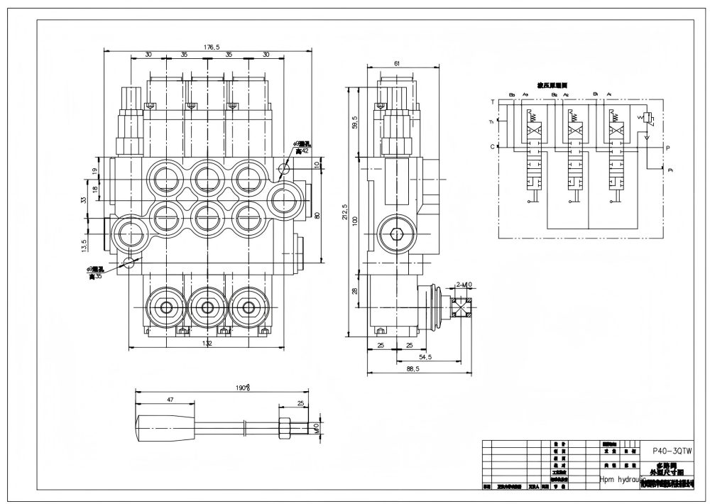 P40-G38-G12-QTW Manual 3 carretes Válvula Direccional Monobloque drawing image