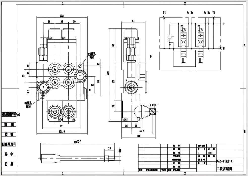 P40-G12-G38-2QTW1 Manual 2 carretes Válvula Direccional Monobloque drawing image