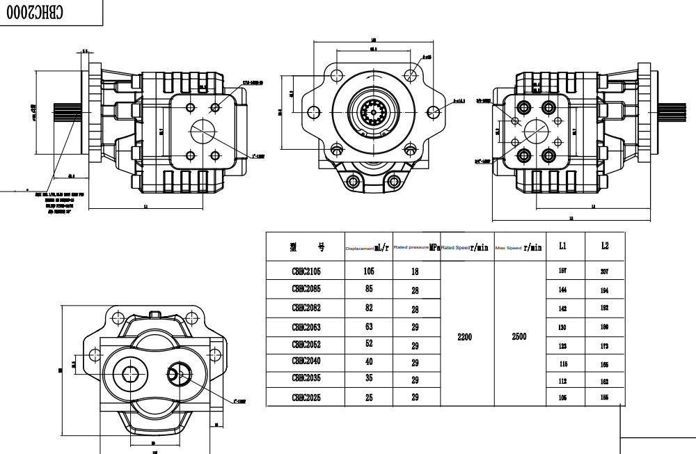 CBHC-2082 82 cc/rev 28 MPa (4061 psi) Bomba hidráulica de engranajes drawing image