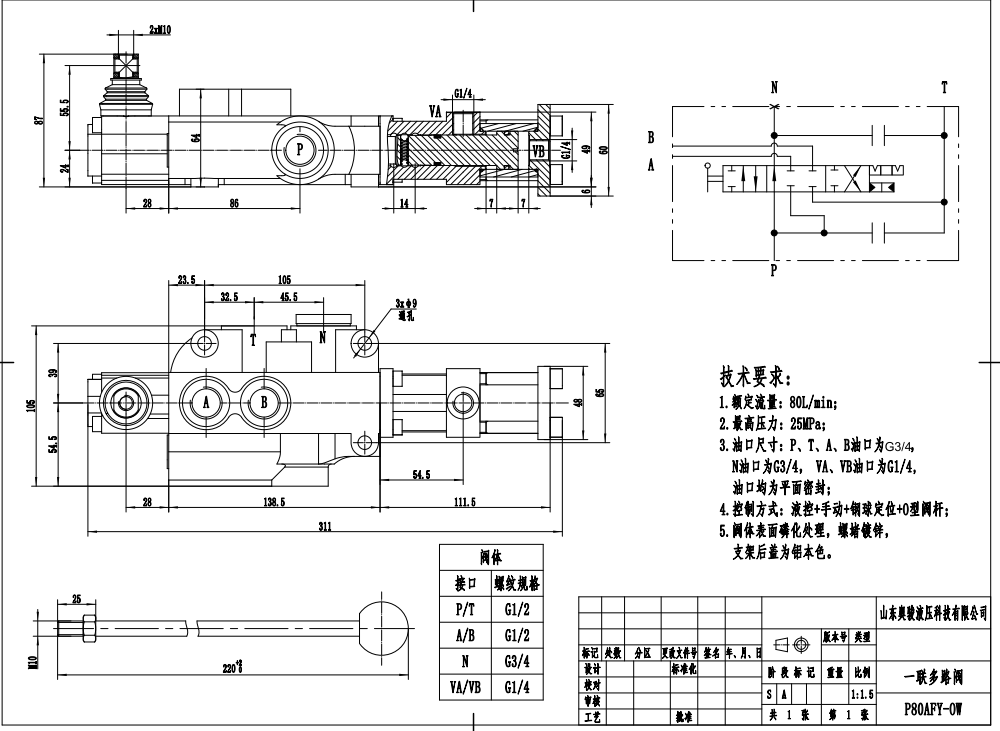 P80F-G34 Hidráulico 1 carrete Válvula Direccional Monobloque drawing image