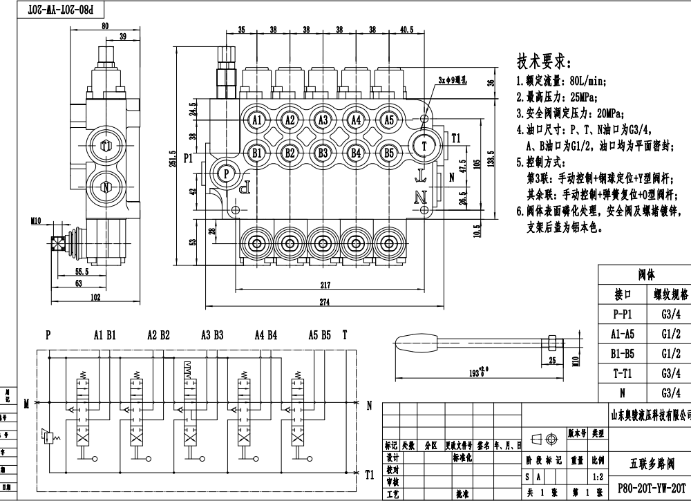 P80-G34-G12-2OT-YW-2OT Manual 5 carretes Válvula Direccional Monobloque drawing image