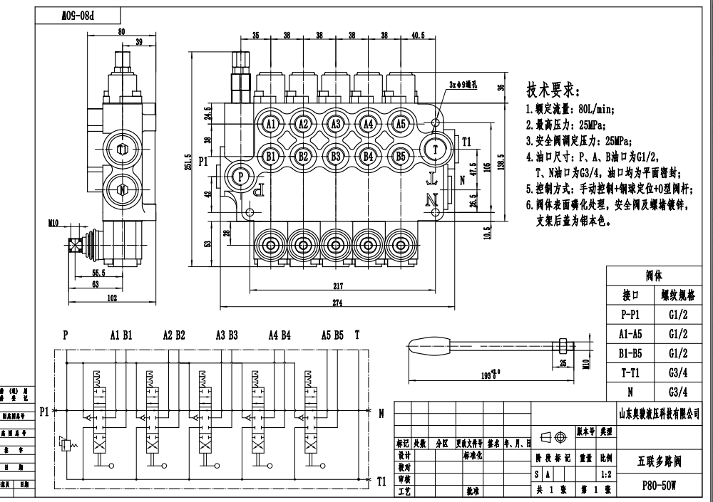 P80-G12-G34-OW Manual 5 carretes Válvula Direccional Monobloque drawing image