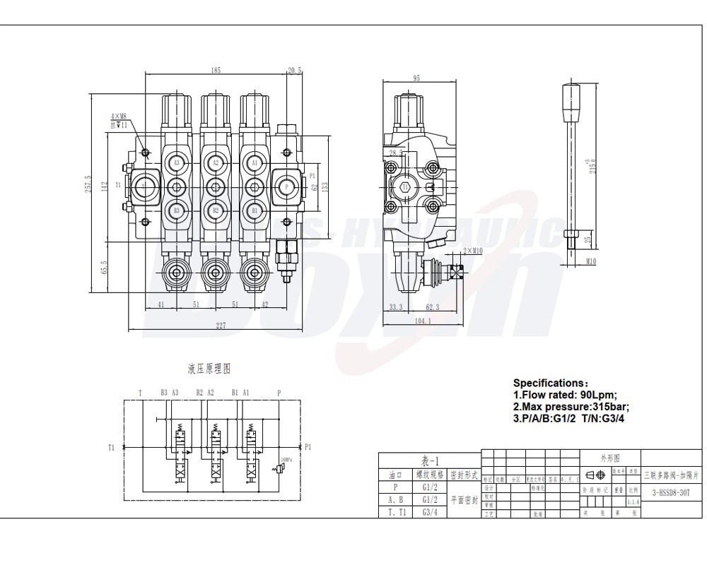 Industrial Grade SD8 Manual 3 Spool Directional Control Valve drawing image
