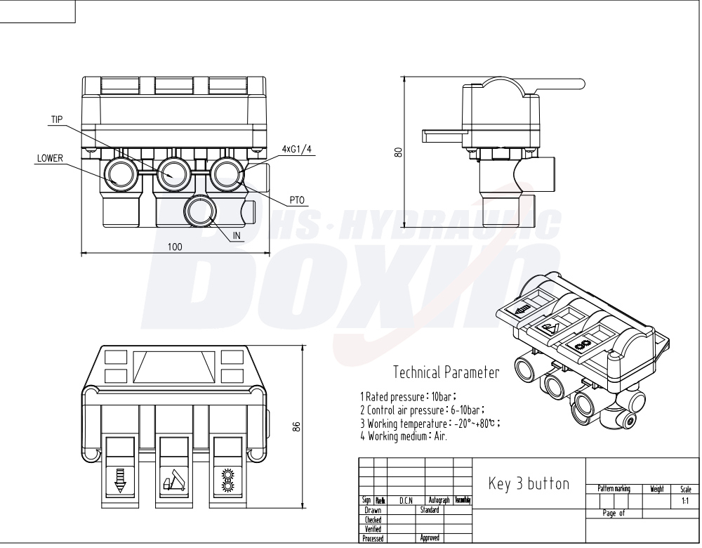 TC-4-TFLF Neumático 1 carrete Válvula de Control Hidráulico drawing image