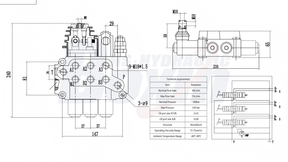 ZT12-OT Joystick 3 Spool Hydraulic Control Valve for Heavy Machinery drawing image
